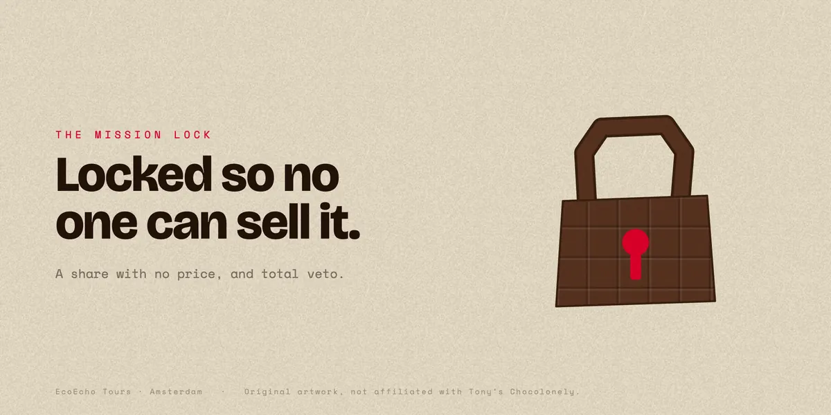 Section graphic: The Mission Lock, locked so no one can sell it, a share with no price and total veto, with a chocolate-bar padlock. Original EcoEcho artwork.